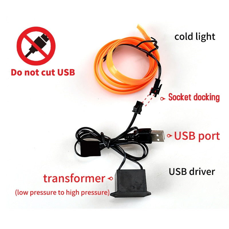 Atmosphere Lamp for Car Interior Decoration - EL Cold Light Line with USB Connector- 5 Meter Long